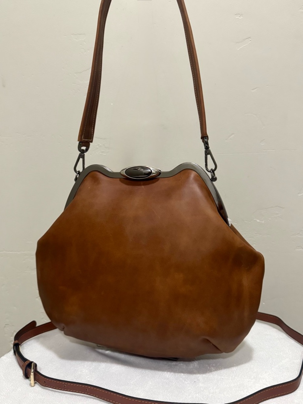 Original Design! Unique Crazy Horse Cowhide Handmade Custom Frame Slouchy Bag - Picture 3 of 16